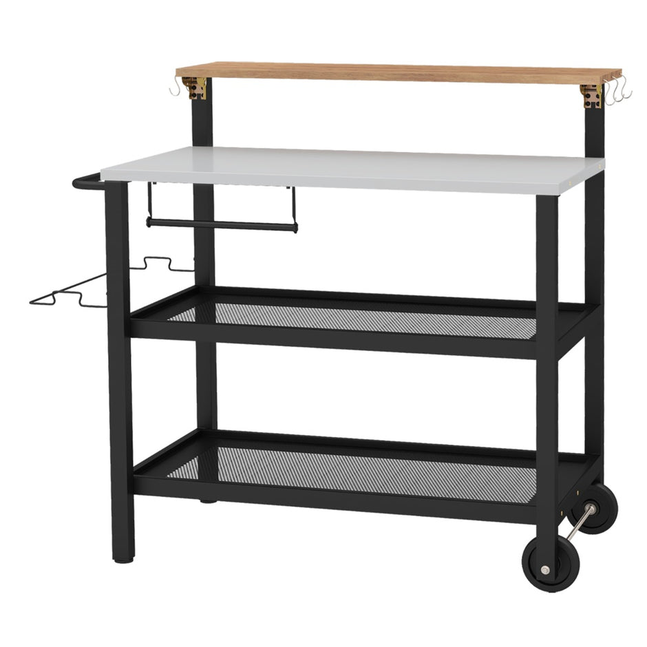 Grillvagn – med våningar hopfällbart bord krokar handdukshållare och sopsäckshållare – 4 116 x 73 x 111 cm – Svart