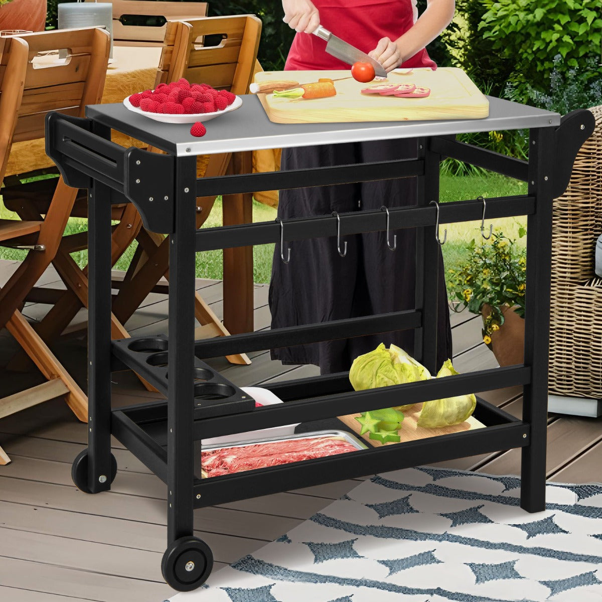 Grillvagn – med kryddbricka och vinflaskställ handtag hjul grillbord – 2 105 x 54 x 85 cm – Svart