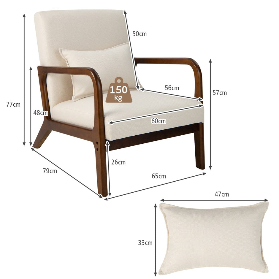 Fåtölj – Vardagsrum Lounge Stol Klädd Modern Accent Trä med armstöd – 65 x 79 x 77 cm – Beige