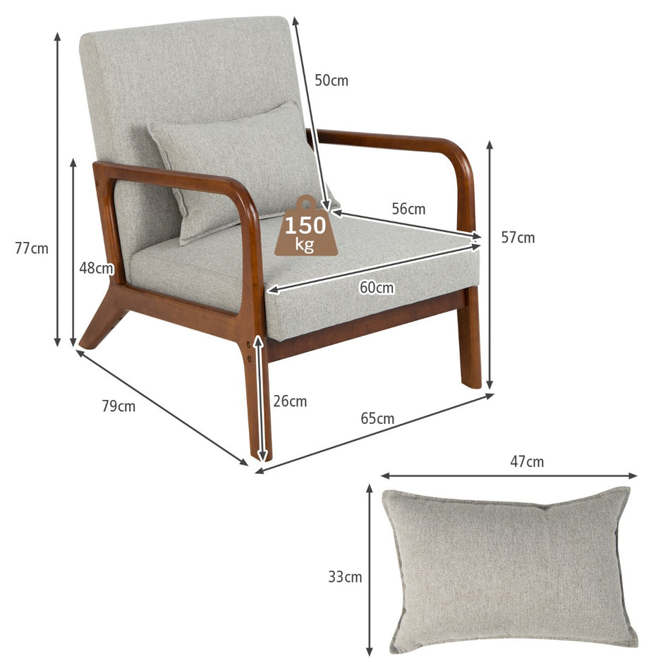 Fåtölj – Vardagsrum Loungestol Klädd Modern Accentstol Trä med armstöd – 65 x 79 x 77 cm – Grå