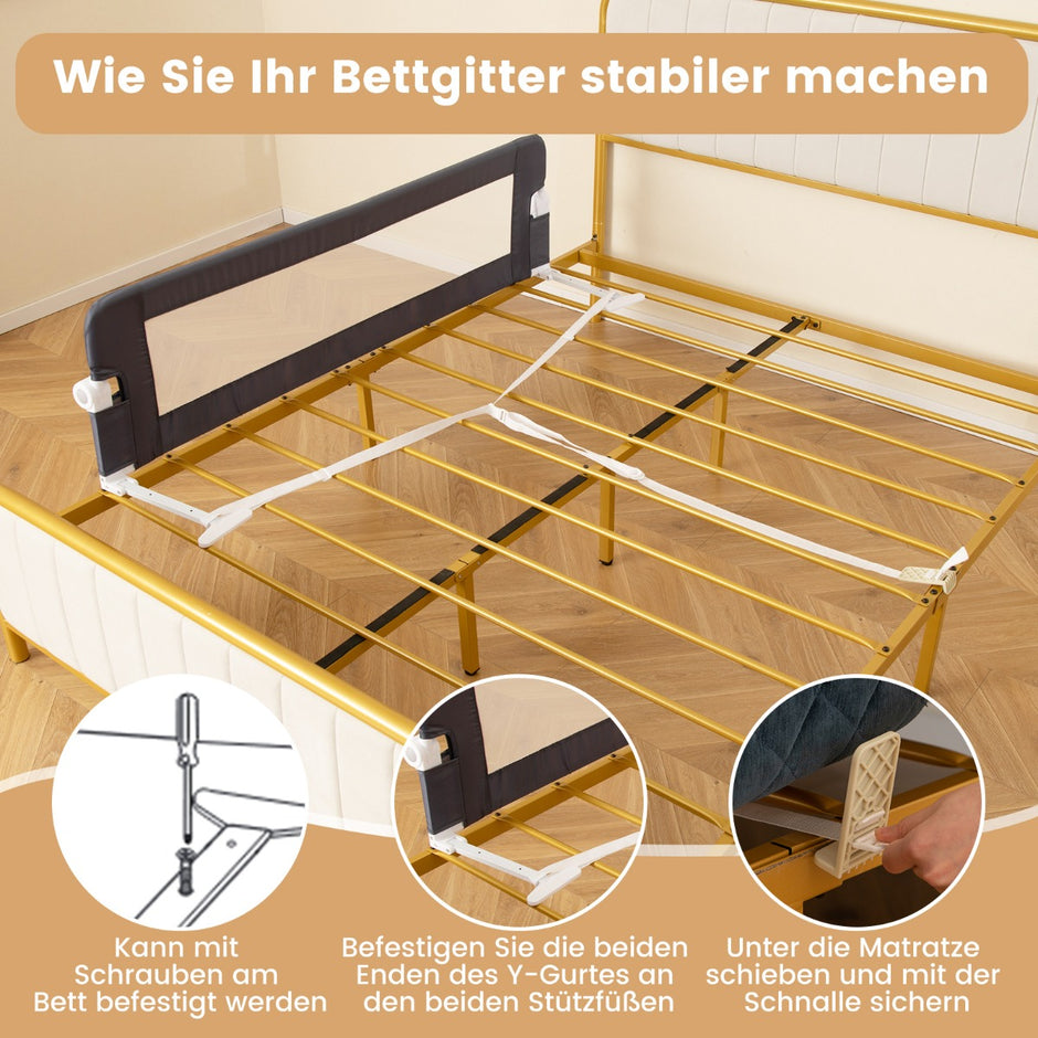 Vikbar – sängstång med justerbara och ONE Click hopfällbara remmar Sängskydd – 150 x 42 cm – Grå