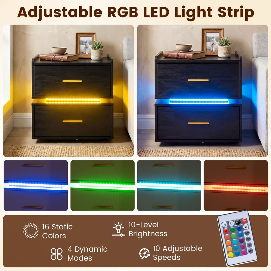 pack – nattbord med laddstation, LED sängbord, lådor, modern halvhängande – 2 2 – Svart