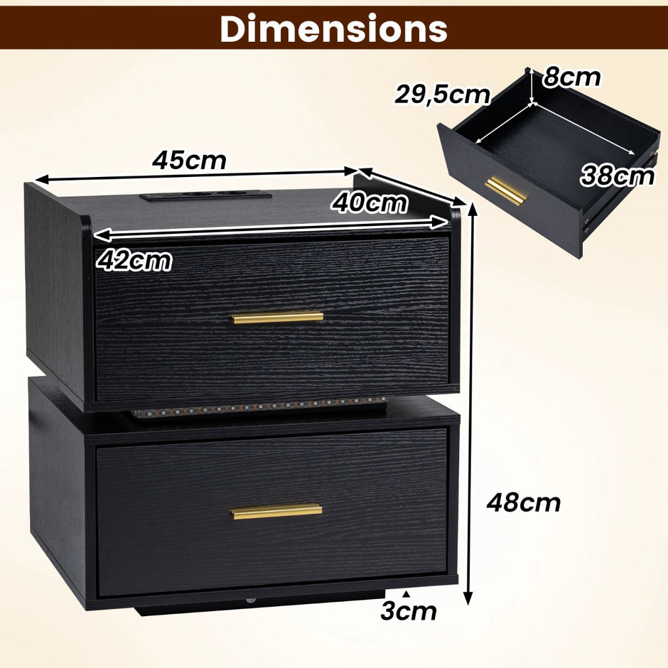 pack – nattbord med laddstation, LED sängbord, lådor, modern halvhängande – 2 2 – Svart