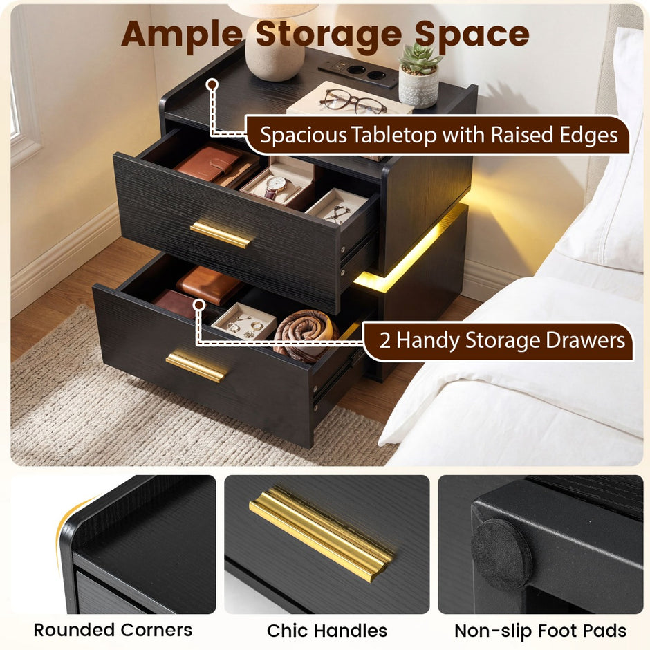 pack – nattbord med laddstation, LED sängbord, lådor, modern halvhängande – 2 2 – Svart