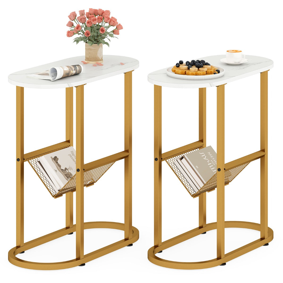 Smalt – sidobord stegs ovalt sängbord med tidskriftsfack platsbesparande soffbord Vitt – 2 – Vit