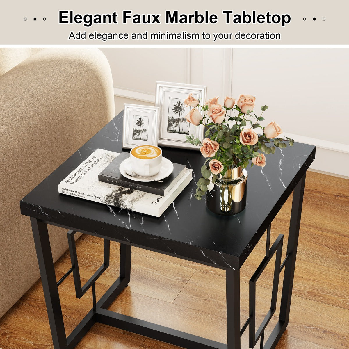 Marmor – Kvadratisk Sidobord Modern Kaffebord med Bordsskiva – Svart