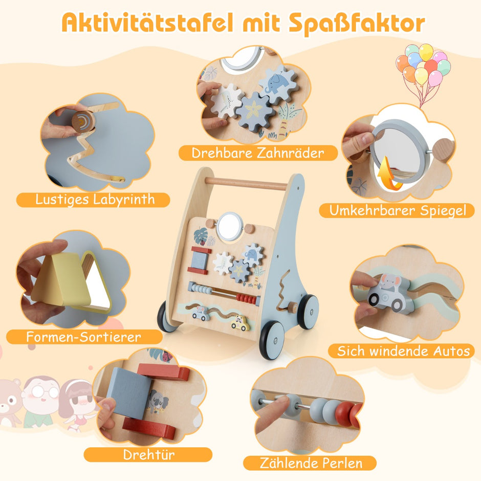 Baby – Walker i trä med Multi Activity Learning Center Montessori Push – Blå