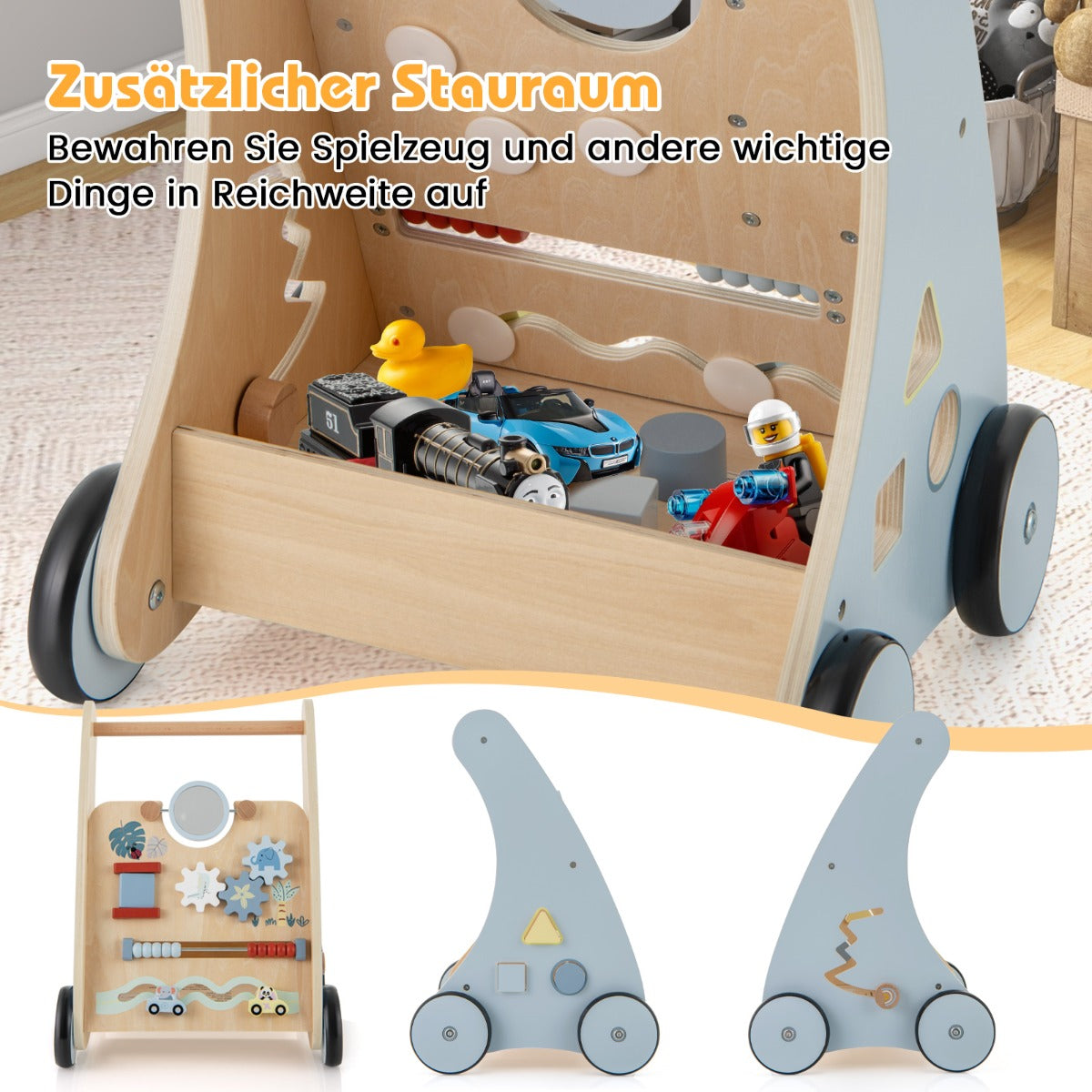 Baby – Walker i trä med Multi Activity Learning Center Montessori Push – Blå