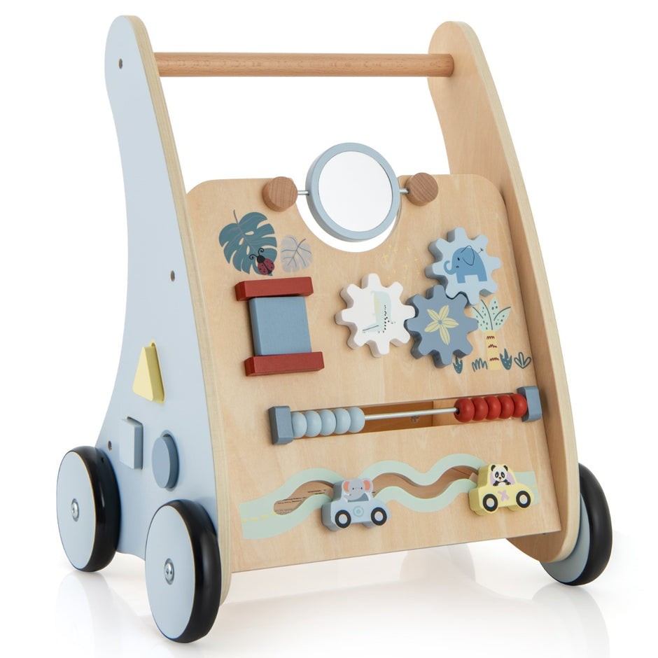 Baby – Walker i trä med Multi Activity Learning Center Montessori Push – Blå