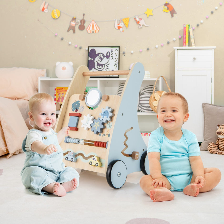 Baby – Walker i trä med Multi Activity Learning Center Montessori Push – Blå