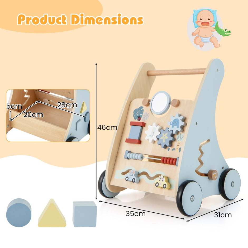 Baby – Walker i trä med Multi Activity Learning Center Montessori Push – Blå