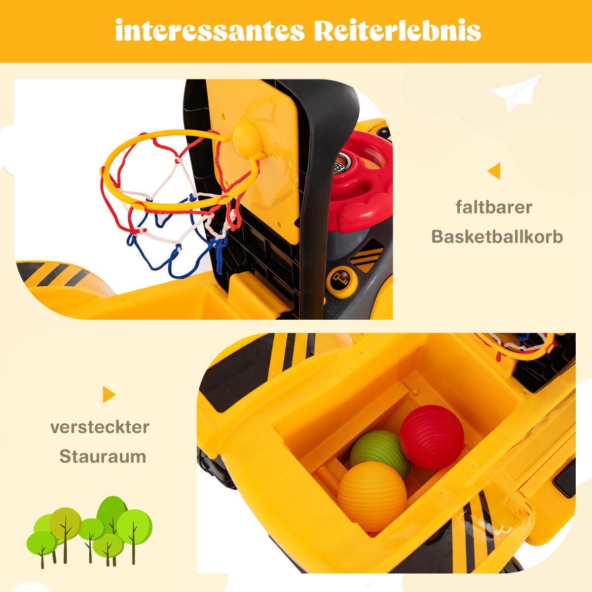 Elektrisk – sittande grävmaskin med dolt förvaringsutrymme och basketbåge – 84 x 35 x 43 cm – Gul
