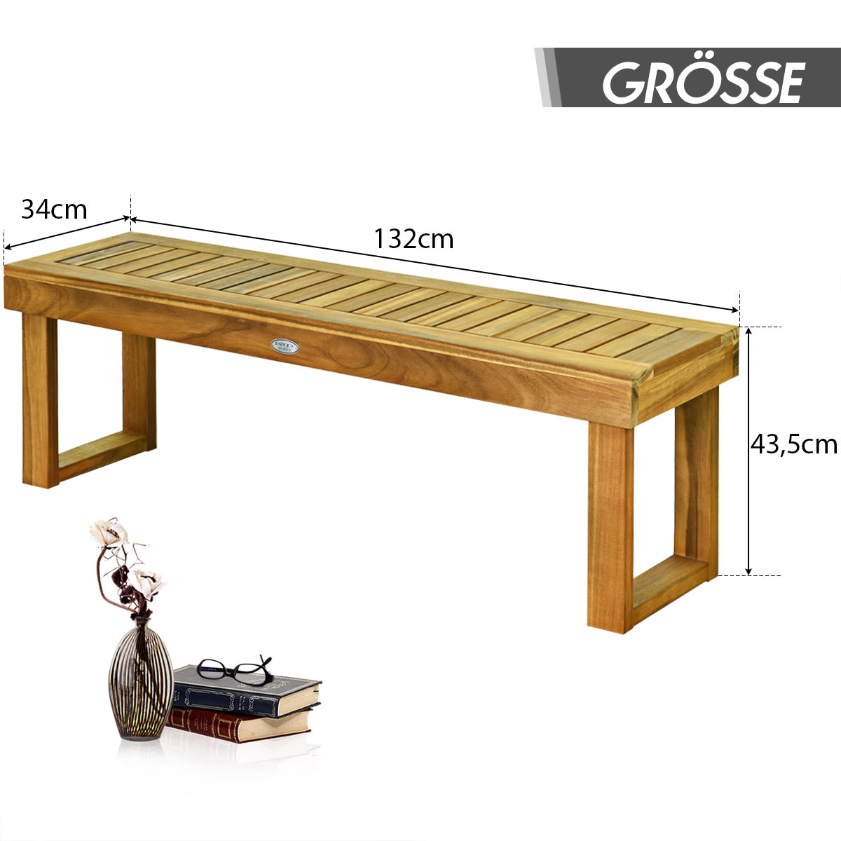 Bänk – Trädgårdsmöbler i massivt trä Lastkapacitet upp till Teak – 360 kg 132 x 34 x 43,5 cm – Natur