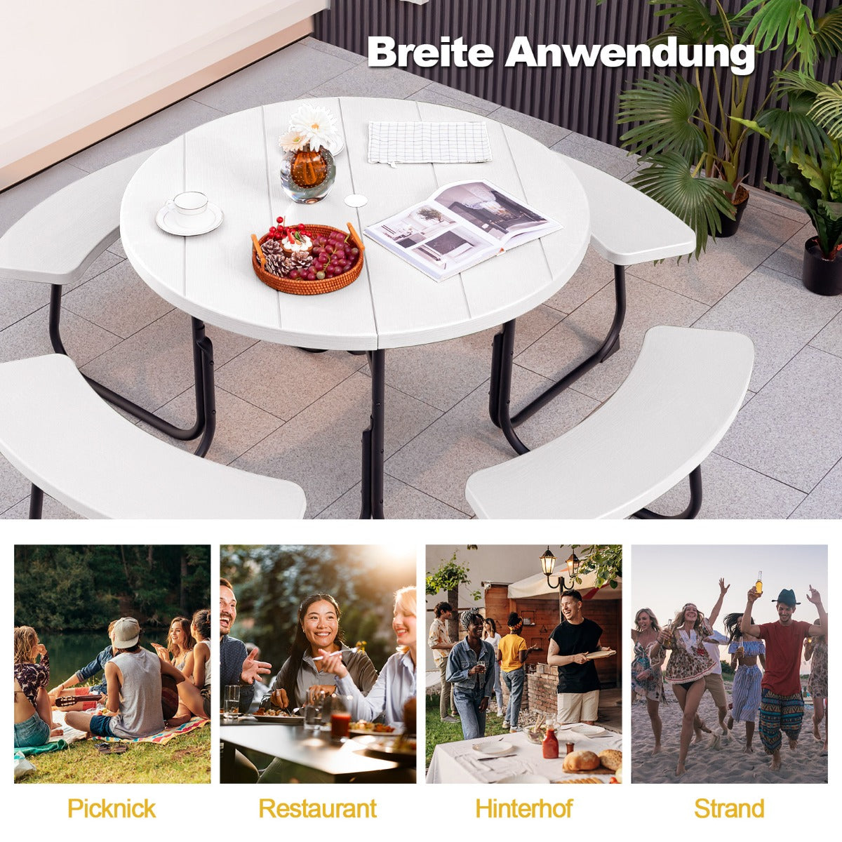 Sittset – för personer Picknickbord med paraplyhål och bänkar – 8 4 190 x 76 cm – Vit