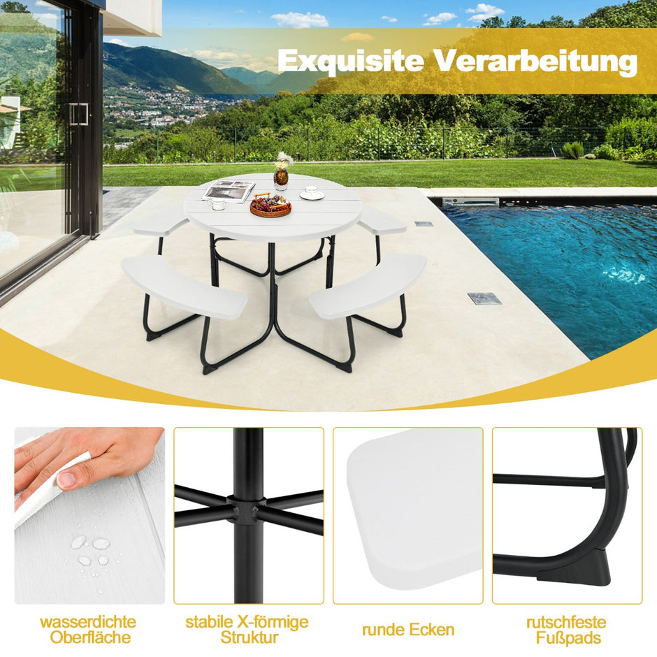 Sittset – för personer Picknickbord med paraplyhål och bänkar – 8 4 190 x 76 cm – Vit
