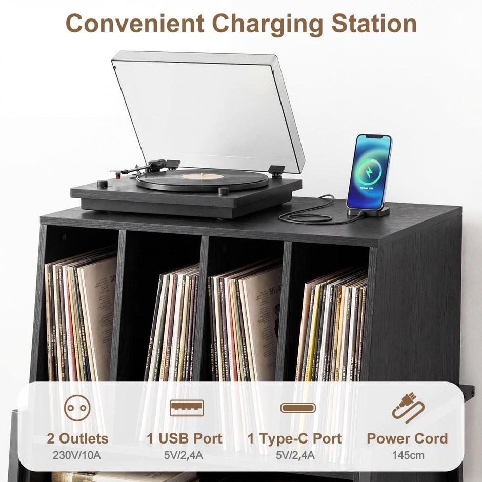 Skivspelarställ – med inbyggd laddstation och skiljeväggar, vinylskivbord – 4 – Svart