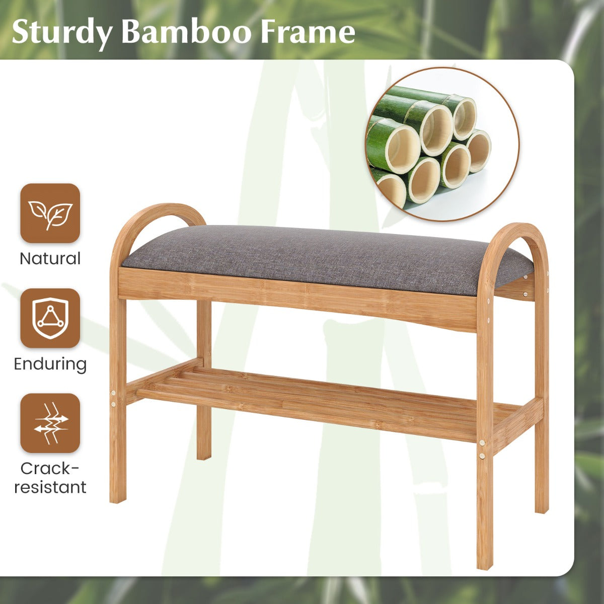 Skohylla – i bambu vånings skohyllsystem med stoppad sitskudde och Natur – 2 70 x 31,5 x 51 cm – Grå