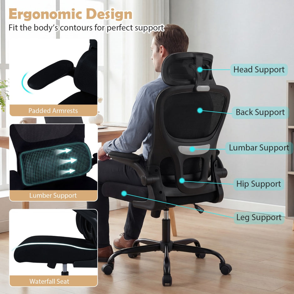 Ergonomisk – kontorsstol skrivbordsstol med ländryggstöd Justerbar huvudstöd – Svart