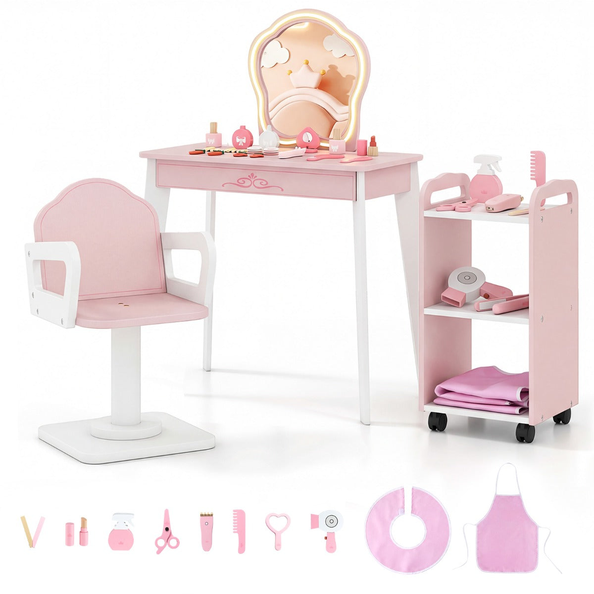 Barns – sminkbord med drejastol och frisörvagn frisörbord justerbar belysning – Rosa