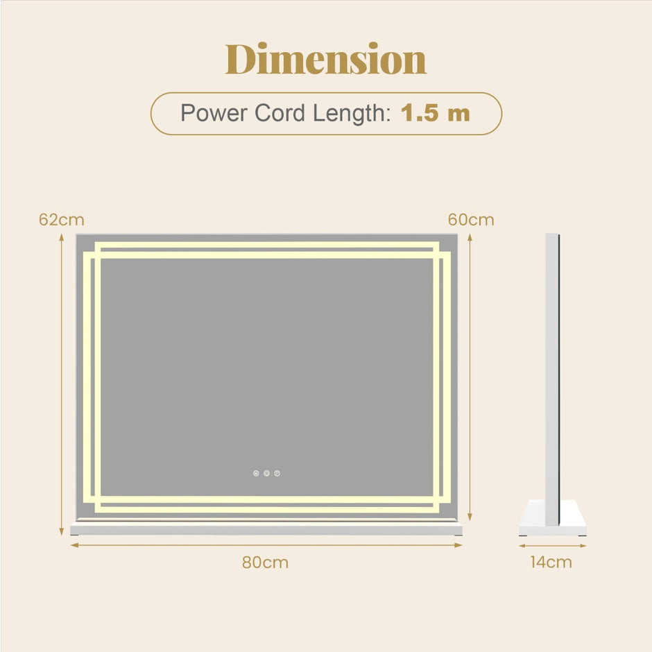 LED upplyst – sminkspegel med färgiga dimbara lägen och Smart touch styrning – 3 80 x 14 x 62 cm – Silver