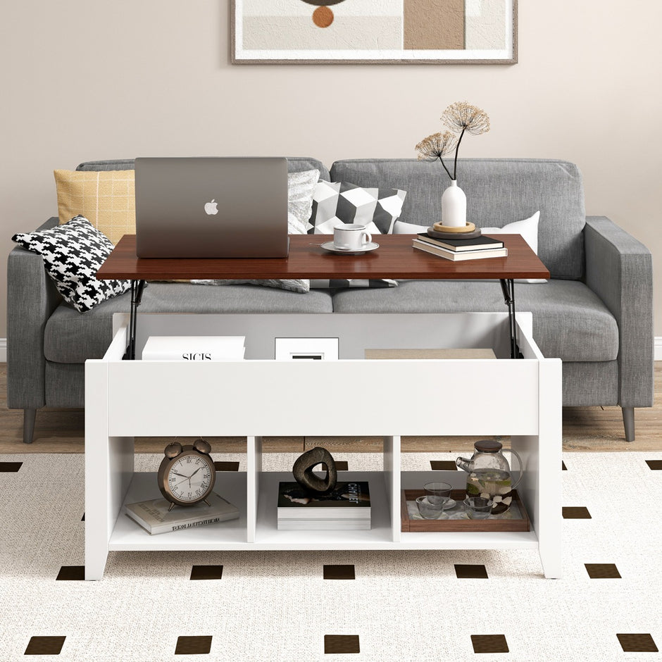 Soffbord – med lyftplatta förvaringsutrymme och öppna hyllor höjdjusterbar – 3 104,5 x 49 x 48-62,5 cm – Vit