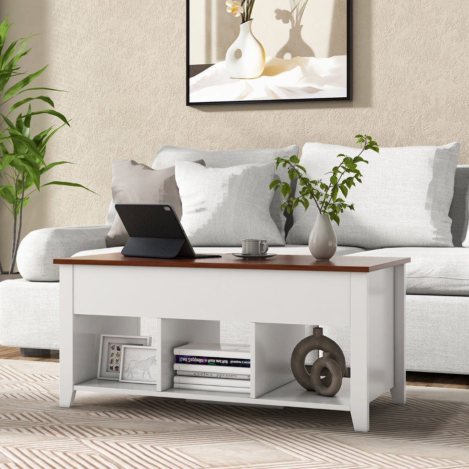Soffbord – med lyftplatta förvaringsutrymme och öppna hyllor höjdjusterbar – 3 104,5 x 49 x 48-62,5 cm – Vit