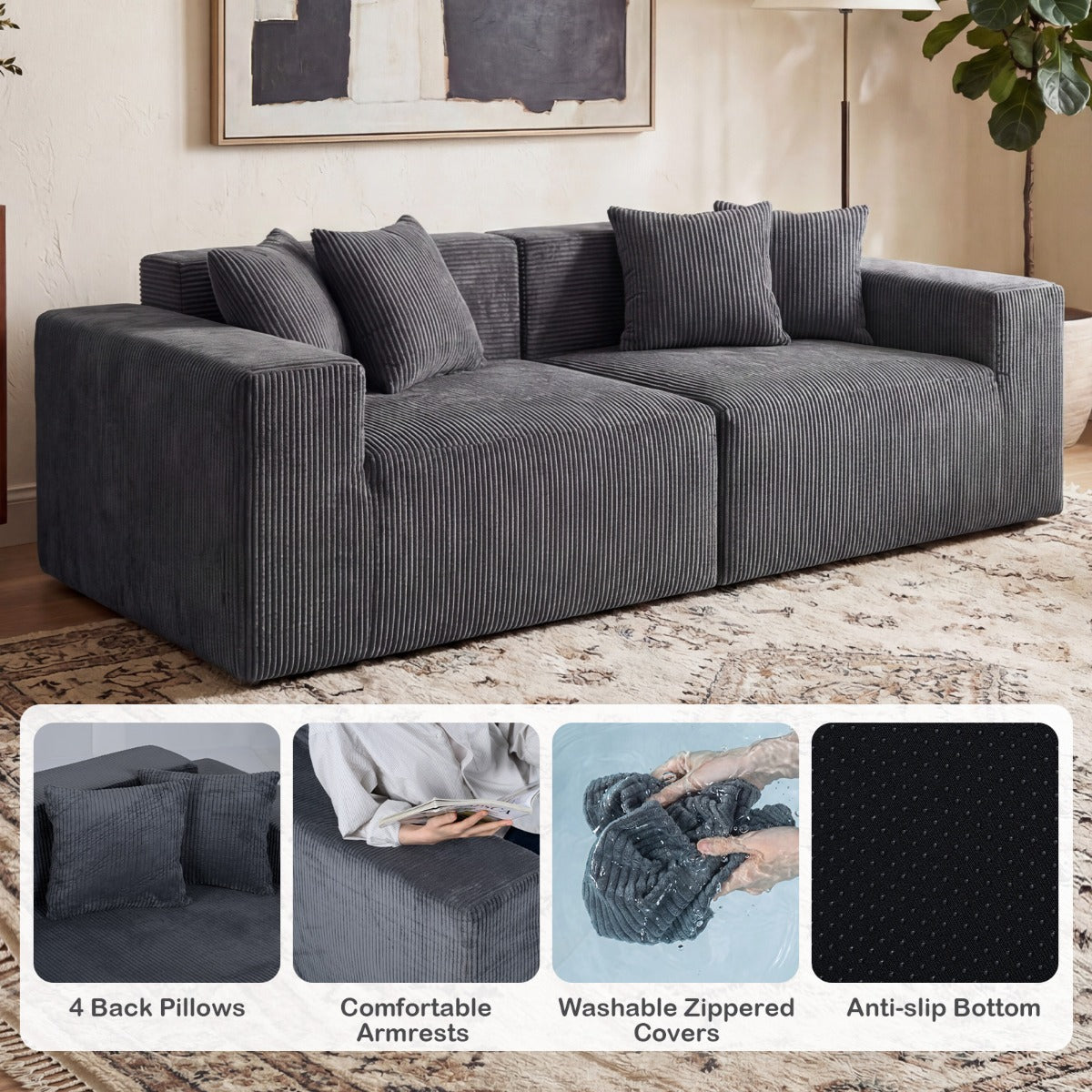 sitssoffa – Boneless med djup sittplats och ryggstöd, bekväma armstöd – 2 204 cm – Grå