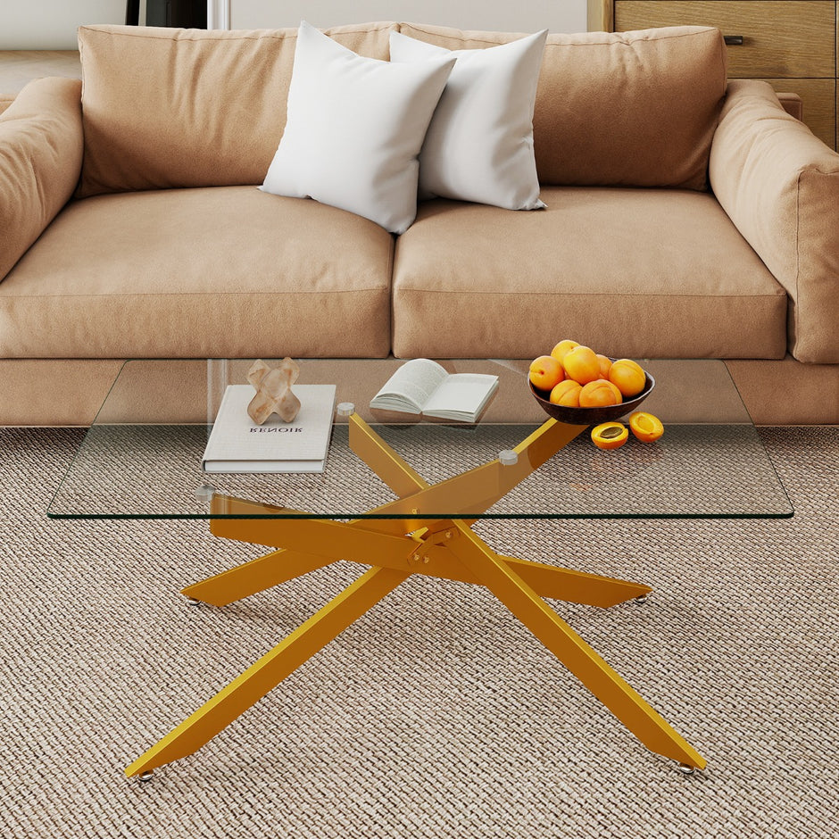 Soffbord – i Härdat Glas Rektangulärt Moderne Kaffebord – 120 x 60 x 45,5 cm – Guld