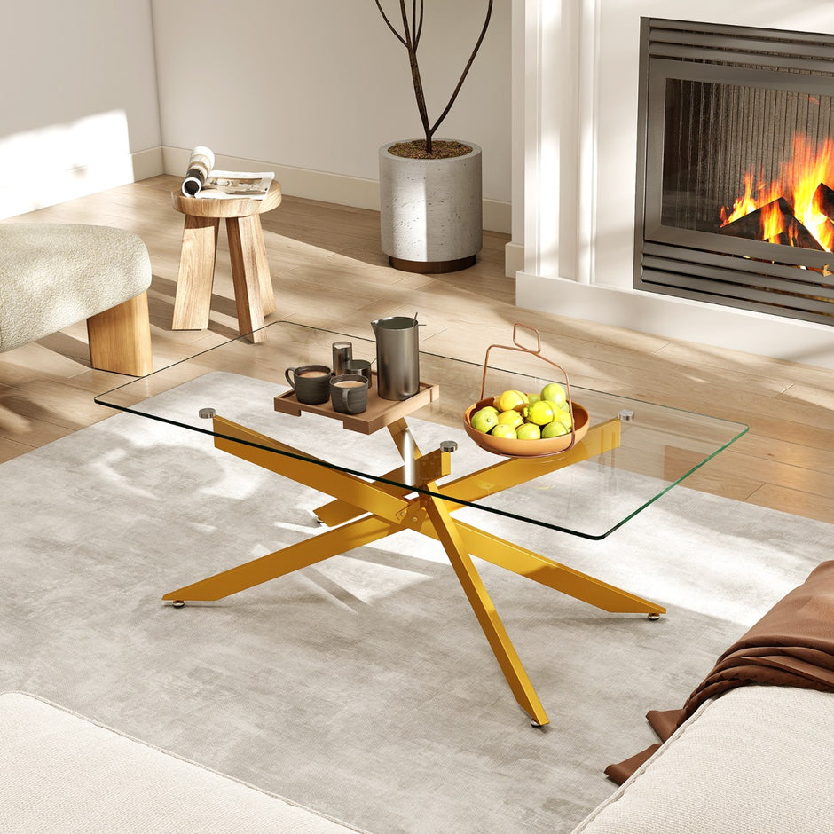 Soffbord – i Härdat Glas Rektangulärt Moderne Kaffebord – 120 x 60 x 45,5 cm – Guld