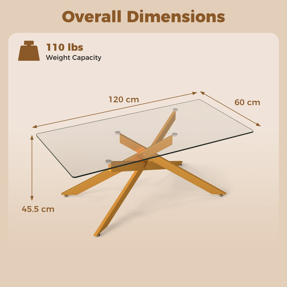 Soffbord – i Härdat Glas Rektangulärt Moderne Kaffebord – 120 x 60 x 45,5 cm – Guld