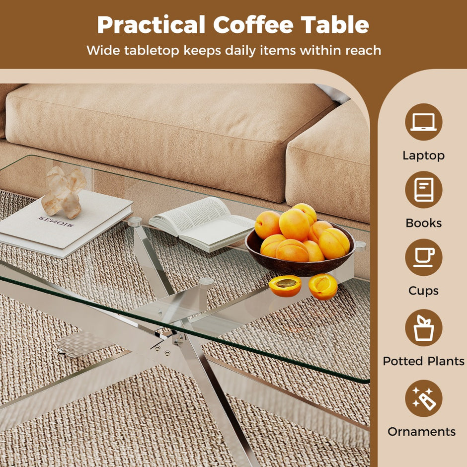 Soffbord – i Härdat Glas Rektangulärt Moderne Kaffebord – 120 x 60 x 45,5 cm – Silver
