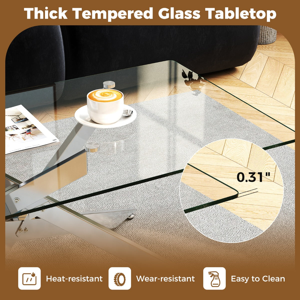Soffbord – i Härdat Glas Rektangulärt Moderne Kaffebord – 120 x 60 x 45,5 cm – Silver
