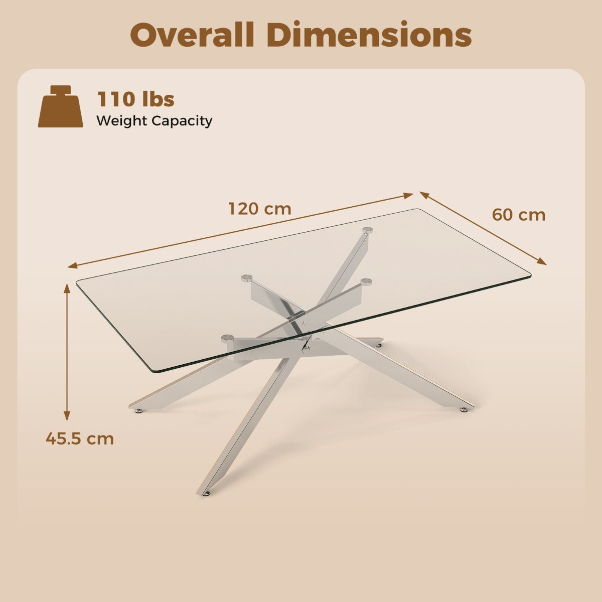 Soffbord – i Härdat Glas Rektangulärt Moderne Kaffebord – 120 x 60 x 45,5 cm – Silver