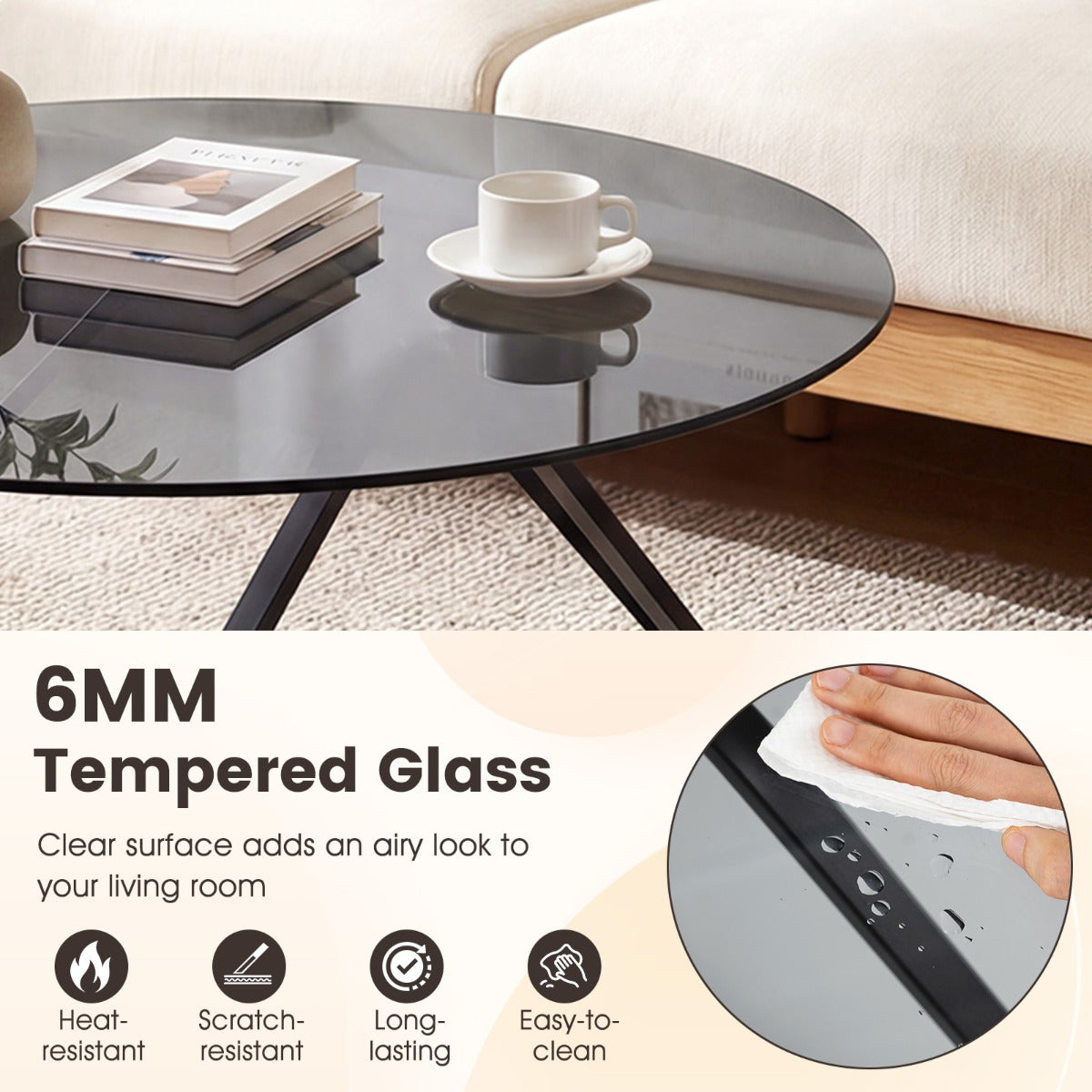 Runt – soffbord med härdat glas och metallram Modernt Sidobord – Svart