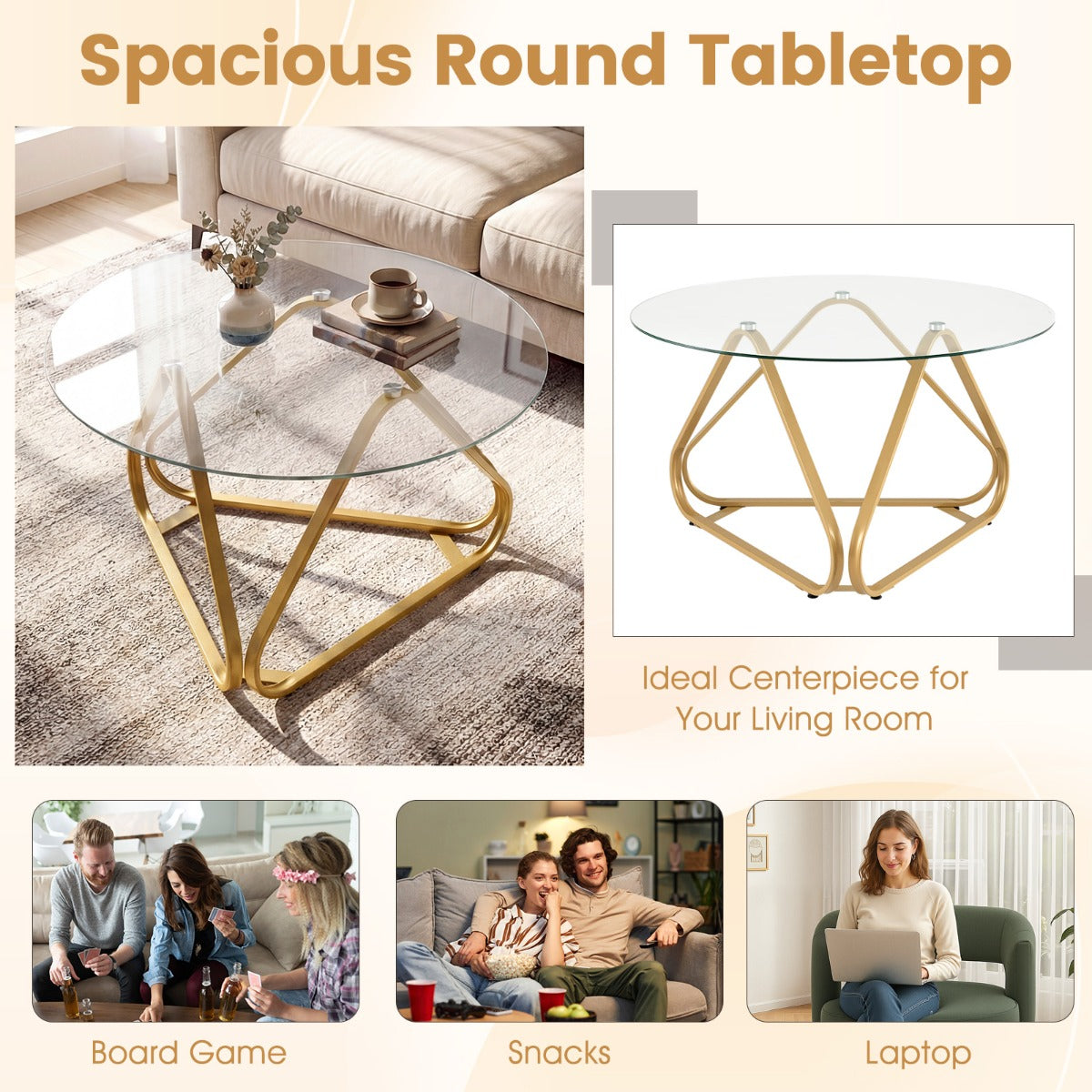 Runt – soffbord med härdat glas och metallram Modernt Sidobord Gyllene – Guld