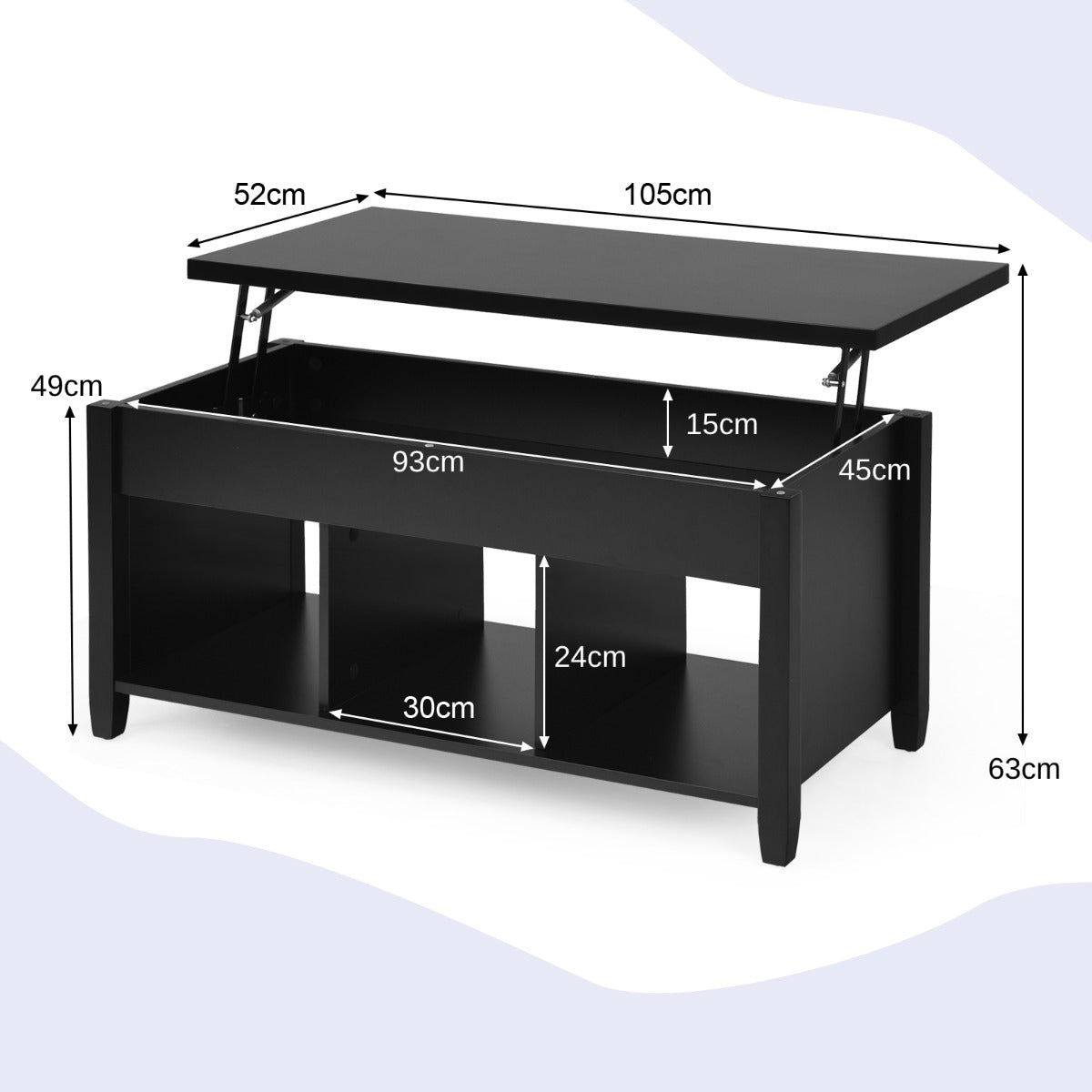 Soffbord – med lyftplatta förvaringsutrymme och öppna hyllor höjdjusterbar – 3 104,5 x 49 x 48-62,5 cm – Svart