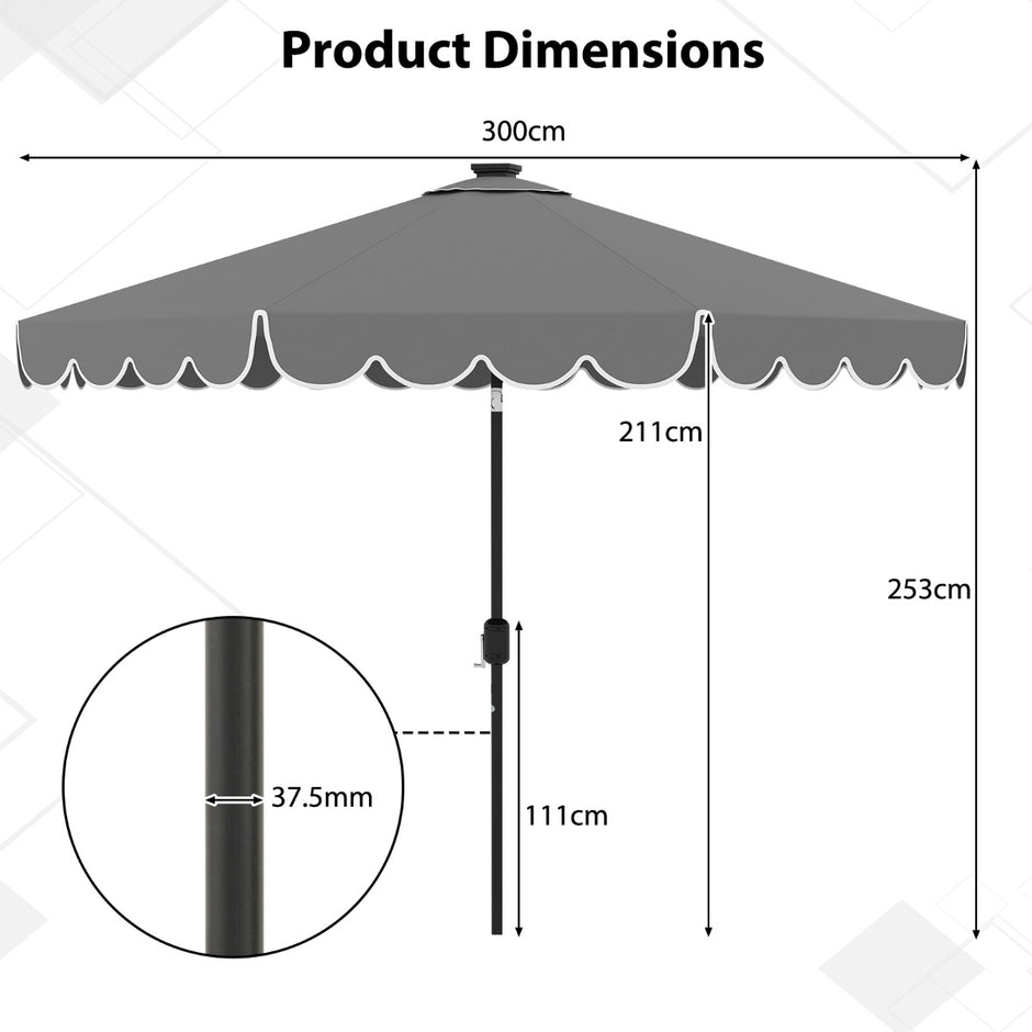 Parasoll – med LED belysning och vev volang, trädgårdsparassoll, marknadsparassoll – 300 cm – Grå