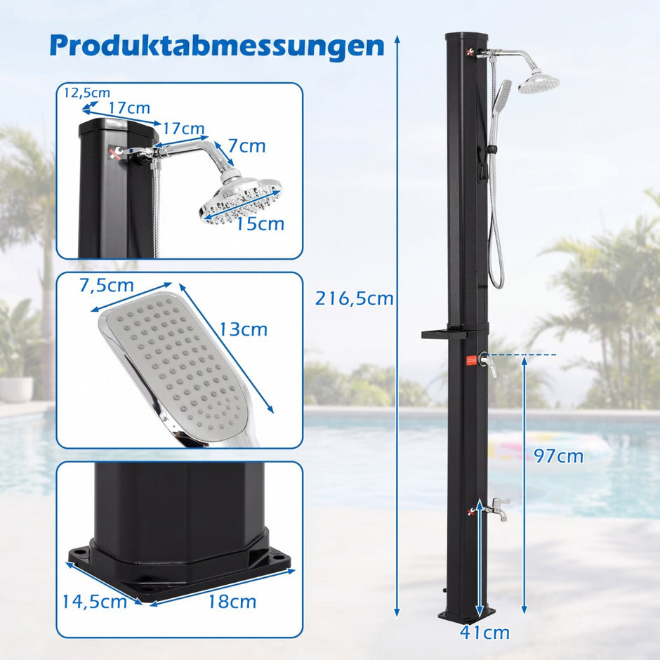 35L – soldusche med handdusch inklusive täckhölja, trädgårdsdusche hylla, pooldusche – Svart
