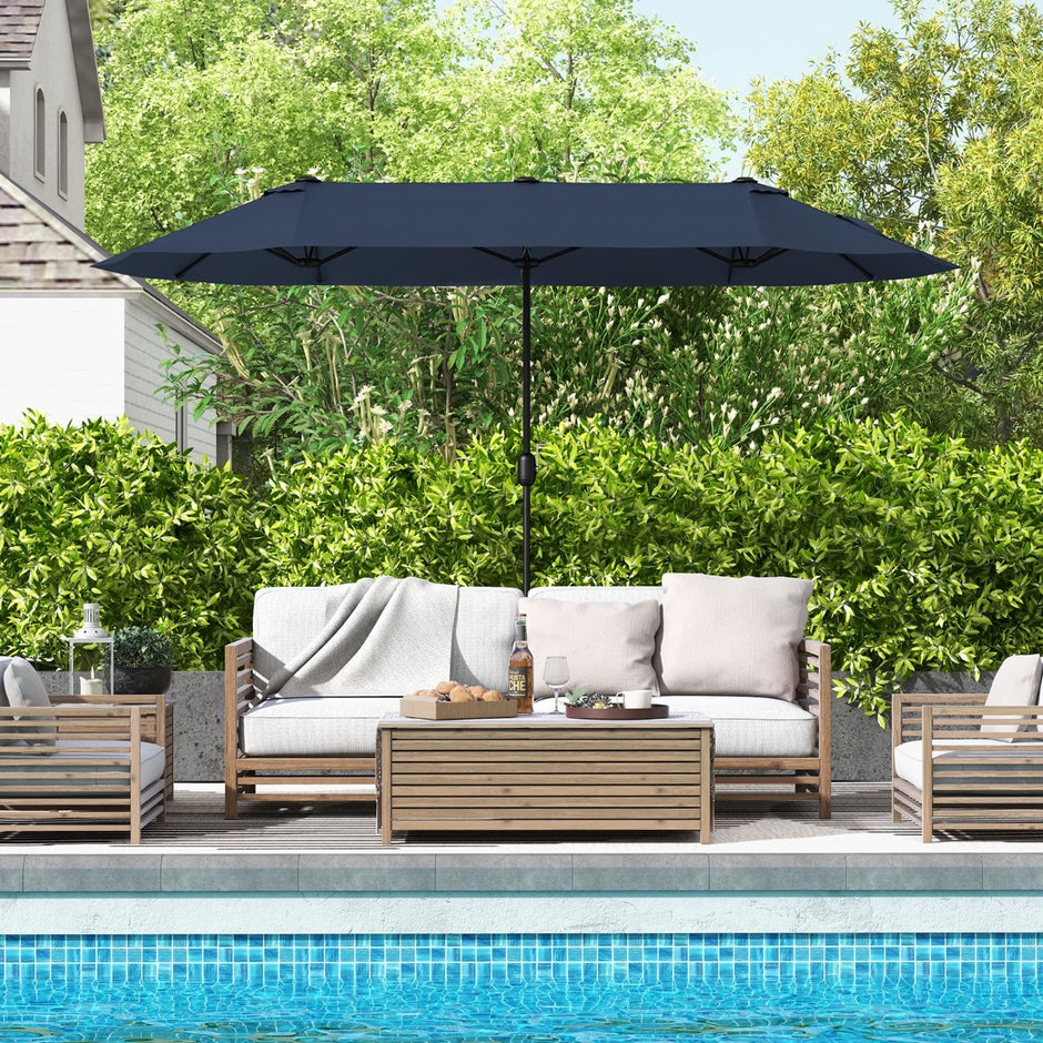 Dubbel – parasoll med stativ, solskydd UPF 50+, cm, mörkblå – 400 x 200 – Blå och gul