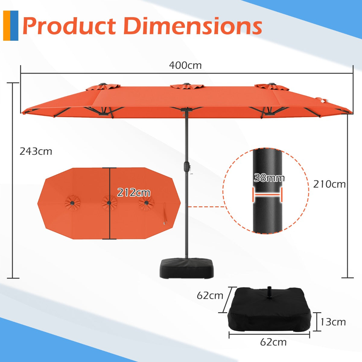 Dubbel – parasoll med stativ, solskydd UPF 50+, – 400 x 200 cm – Orange