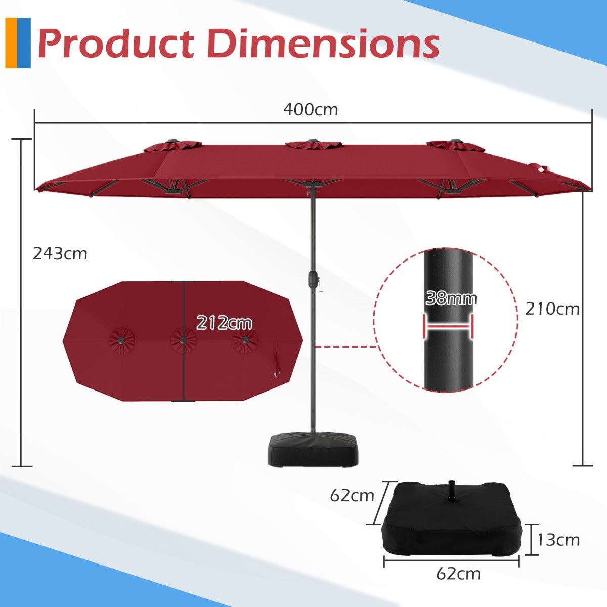 Dubbel – parasoll med stativ, solskydd UPF 50+, – 400 x 200 cm – Vinröd