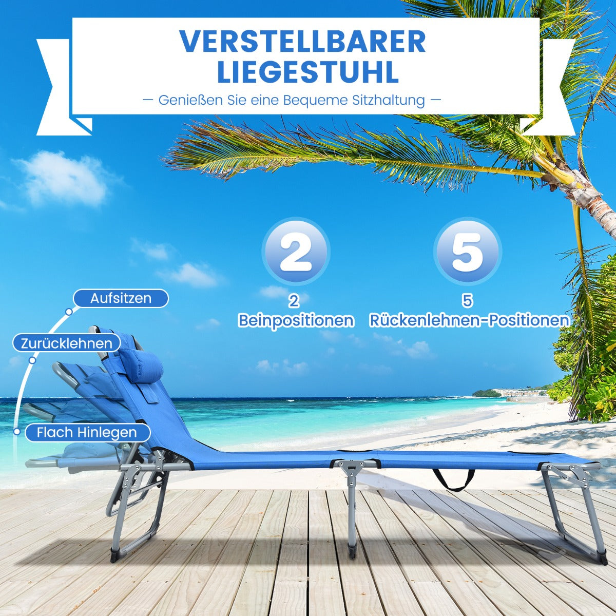Solsäng – Vikbar strandsäng – 194 x 60 x 36-86 cm – Blå
