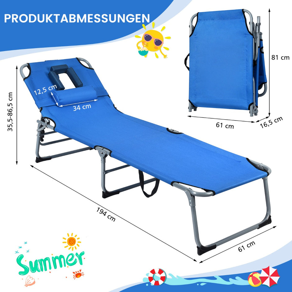 Solsäng – Vikbar strandsäng – 194 x 60 x 36-86 cm – Blå