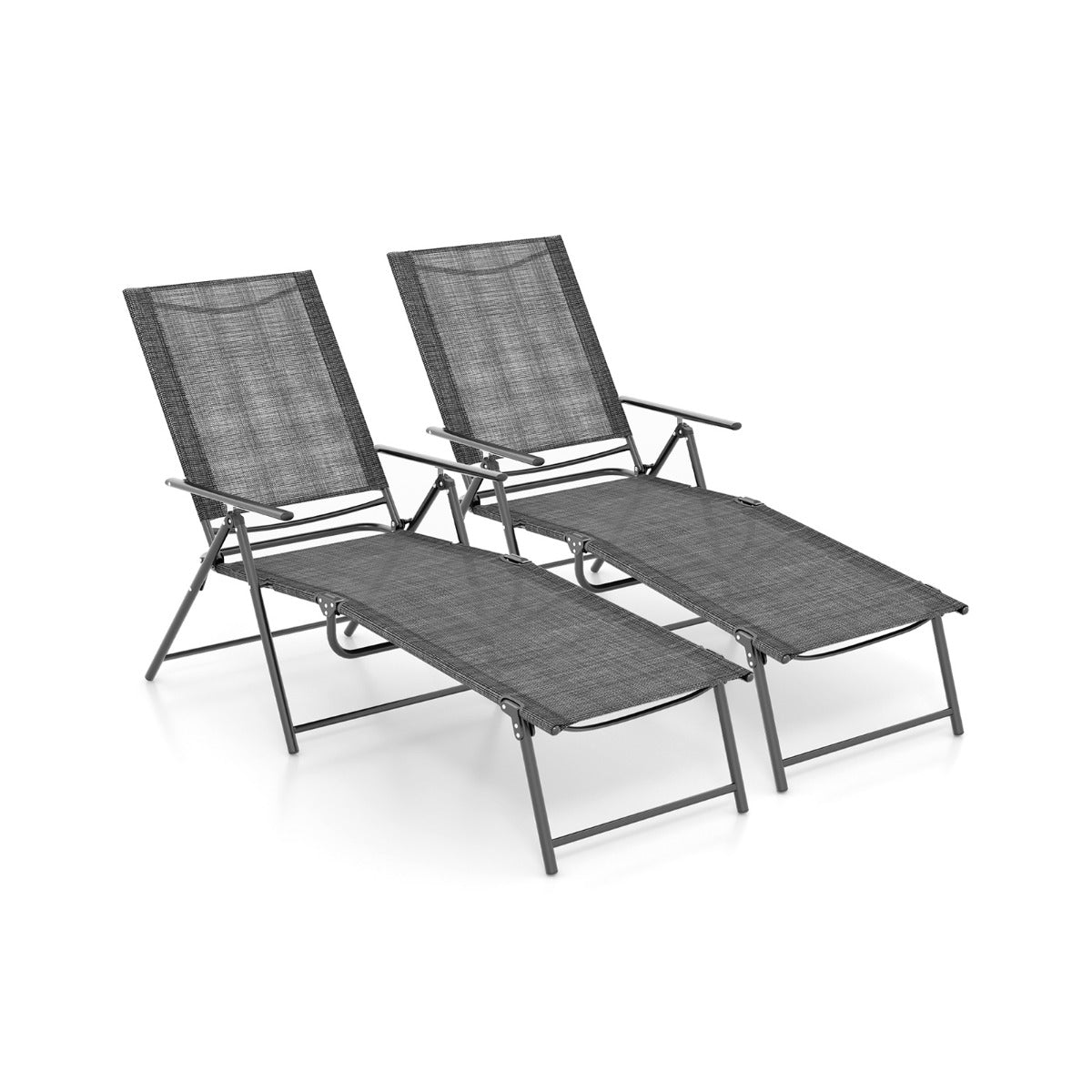 Set – med hopfällbara solstolar, trädgårdssäng justerbart ryggstöd, – 2 , 155-189 x 64 x 65-102 cm – Grå