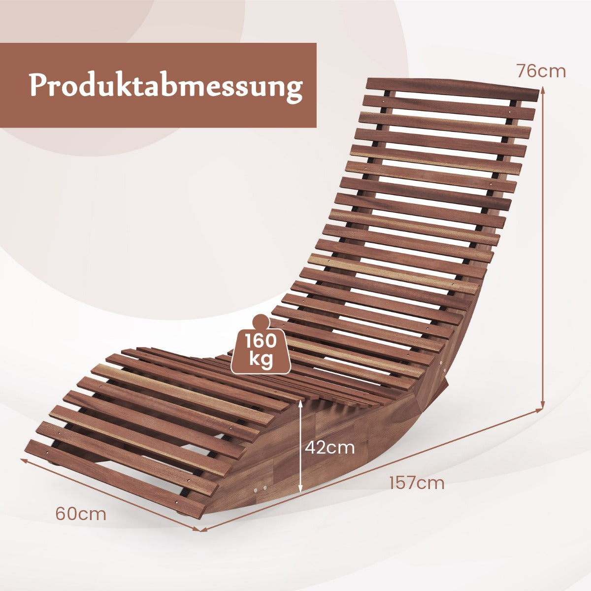 Solstol – akaciaträ ergonomisk i trä trädgårdssäng naturlig – 157 x 60 x 76 cm – Natur