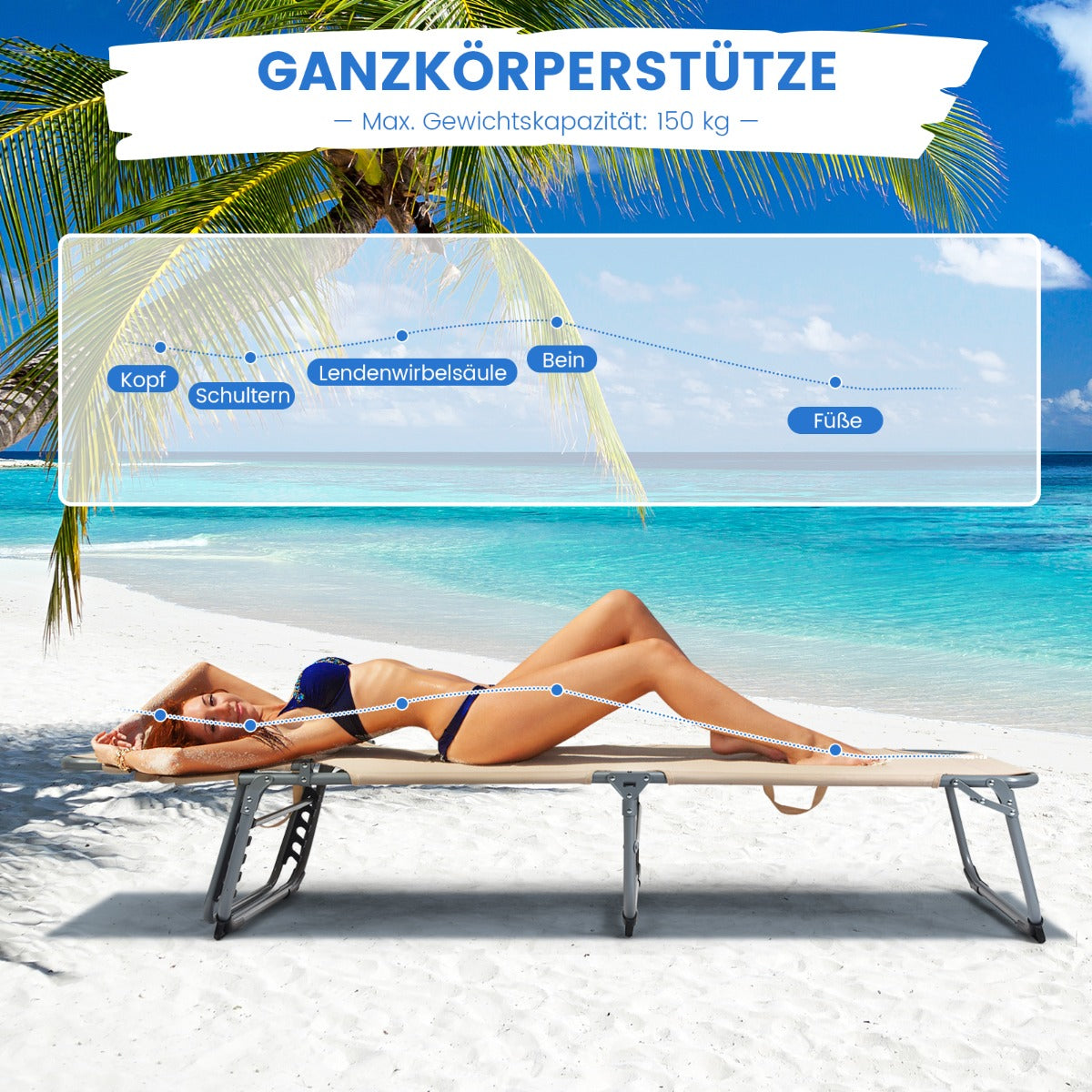 Justerbar – solstol Hopfällbar strandstol med kudde – 194 x 61 x 35,5-86,5 cm – Beige