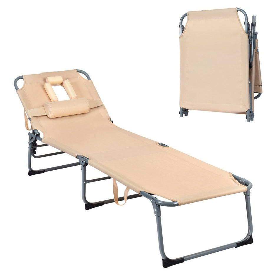 Justerbar – solstol Hopfällbar strandstol med kudde – 194 x 61 x 35,5-86,5 cm – Beige