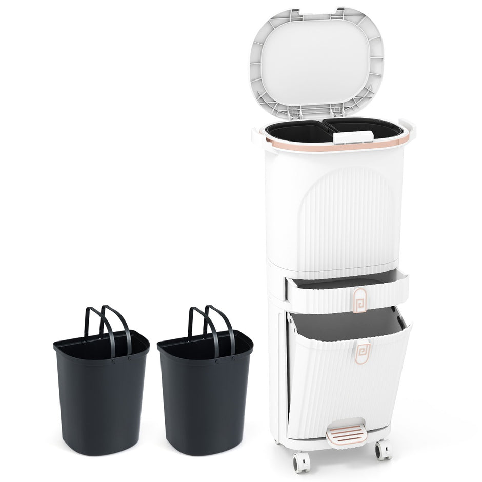 42L – Kökssopkorg med Lock och Fack Trampsopkorg Fotpedal Hjul – 3 – Vit