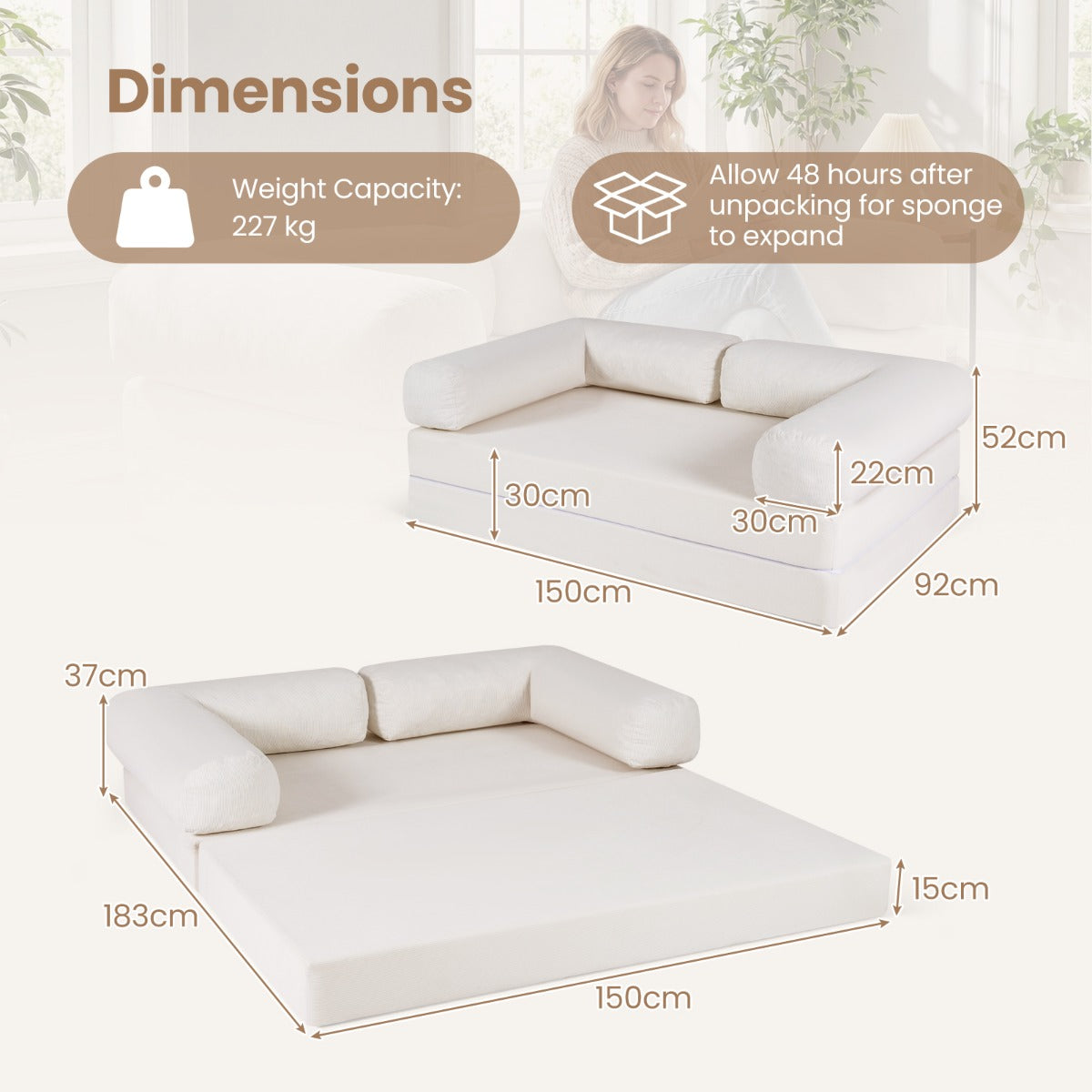 sits – sovsofa sovfåtölj med avtagbara armstöd och ryggstöd vikbar – 2 – Beige