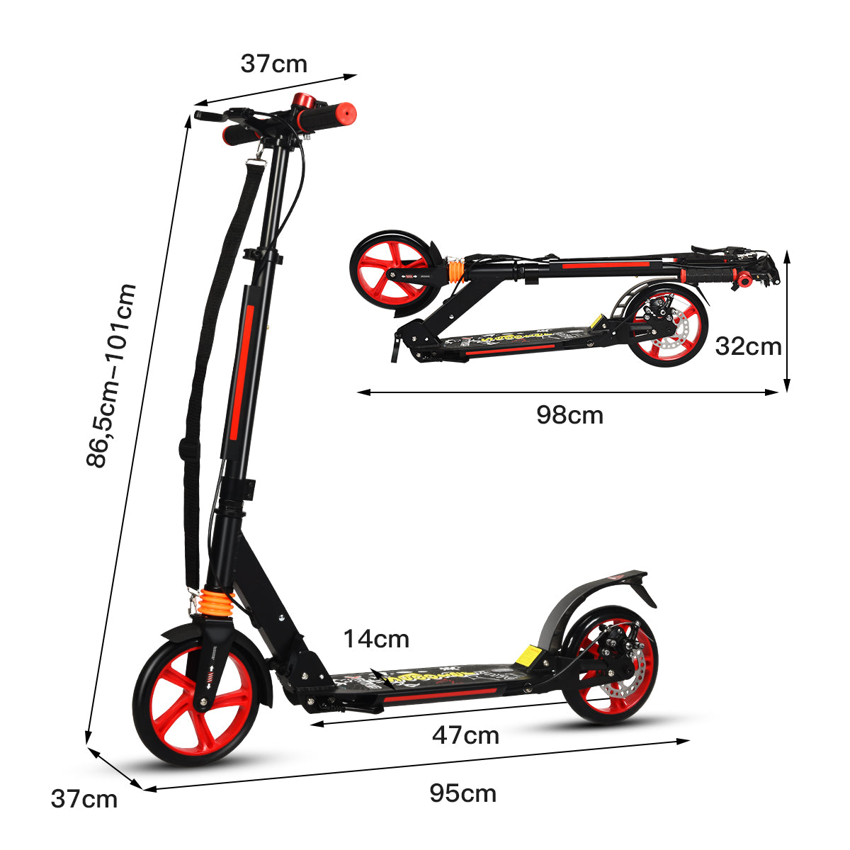 Kickscooter – Cityroller Bärrem Höjdjusterbar – Svart